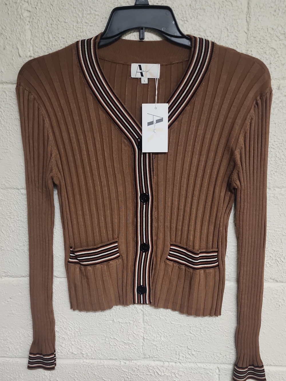 Anne Klein Brown Ribbed Cardigan with Contrast Stripe Trim
